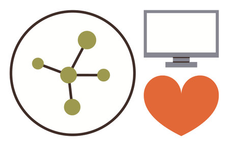Simple molecular diagram, heart icon, computer monitor. Ideal for technology, connectivity, innovation, health, science education communication. Abstract design as simple flat metaphorのイラスト素材