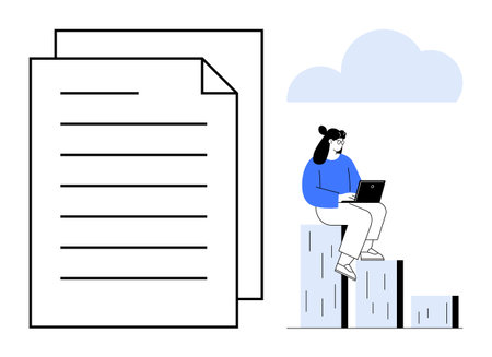 Woman seated on a bar chart working on a laptop, large documents in the background, minimalist cloud. Ideal for data analysis, productivity, digital workspace, research, business growth, remote workのイラスト素材