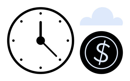 Clock symbolizing time, coin with a dollar sign for financial value, and a cloud for modern connectivity. Ideal for time management, financial planning, saving, strategy, productivity, investmentsのイラスト素材