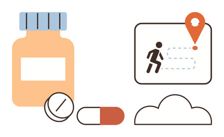 Pill bottle, tablets, and capsule near a fitness tracking map with a location pin and cloud. Ideal for health, fitness, medication, wellness, lifestyle tracking apps and technology. Simple flatのイラスト素材
