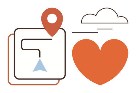 Map interface with marked route, location pin, heart, and cloud. Ideal for navigation, travel, love, health care community mindfulness themes. Simple flat metaphorのイラスト素材
