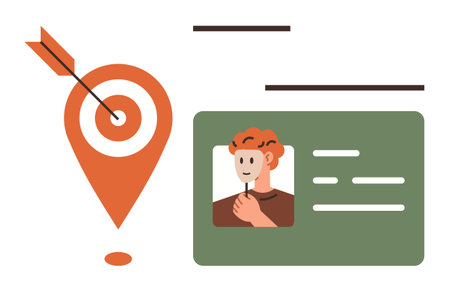 Geolocation pin with arrow hitting the target and personal ID card with portrait. Ideal for navigation, identity, precision, targeting, data, location services, and digital access concepts, simpleのイラスト素材