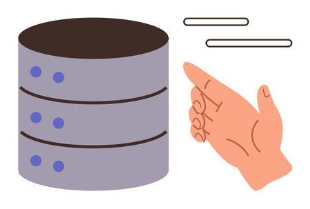 Hand pointing toward a three-tier database server stack with lines of interaction. Ideal for...