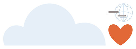Cloud in soft blue, orange heart, and globe with lines illustrating global connectivity, compassion,...