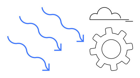 Blue arrows represent airflow, a cloud above, and a mechanical gear at the foreground. Ideal for technology, engineering, renewable energy, climate, process management, optimization abstract flatのイラスト素材