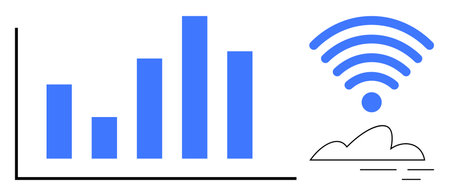 Vertical bar chart beside wireless signal and cloud icon, symbolizing data analysis, cloud solutions, and connectivity. Ideal for technology, networking, analytics, digital growth, cloud computingのイラスト素材