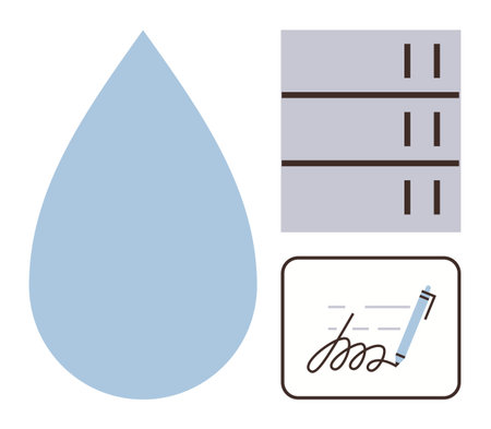 Large blue water droplet, vertical water storage tank, and signing action with pen on document. Ideal for water saving, management, documentation, approval, sustainability, resources agreementsのイラスト素材