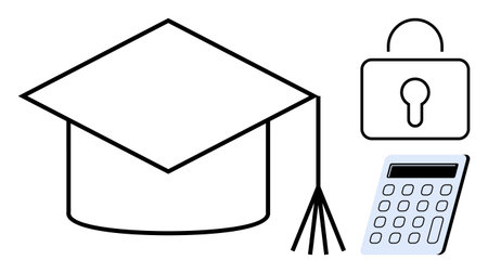 Graduation cap, lock, and calculator symbolize education, security, financial planning, achievement, knowledge, privacy success. Ideal for academics cybersecurity student loans goals learningのイラスト素材