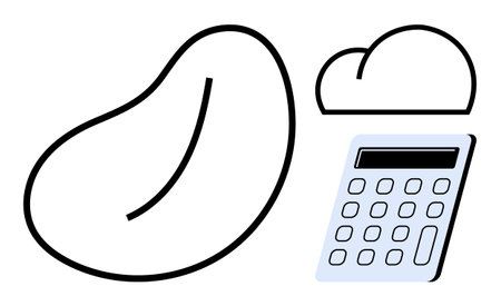 Stylized bean-shaped data symbol, cloud icon, and calculator. Ideal for cloud storage, data organization, technology, innovation, finance analytics or digital tools. Simple flat metaphorのイラスト素材