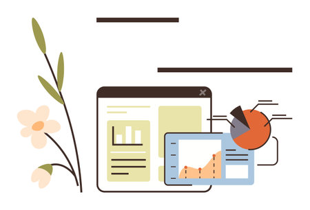 Browser window with charts, flower accents, and soft colors. Ideal for analytics, eco-business, creativity, growth, presentation technology digital platforms. Simple flat metaphorのイラスト素材