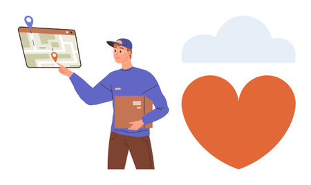 Delivery worker using a digital map to find location, holding a package. Heart and cloud emphasize connection, reliability, customer service. Ideal for delivery, logistics, navigation, technologyのイラスト素材