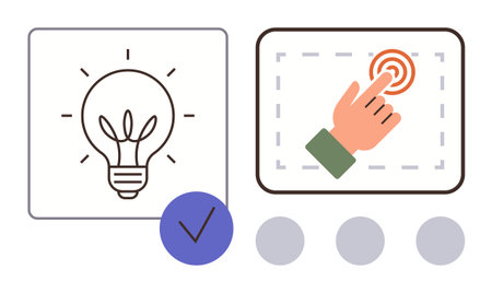 Light bulb icon next to a hand pressing a button, with checkmark and three circles below. Ideal for innovation, creativity, decision-making, technology, user interaction, ideas solutions. Simpleのイラスト素材