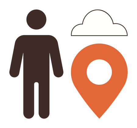 Minimalistic design with a person, location pin, and cloud. Ideal for navigation, connectivity, technology, weather updates, travel human interaction digital data. Simple flat metaphorのイラスト素材