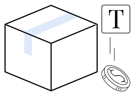 Box with tape, stylized text T, and coin falling, suggesting shipping, ecommerce, payment, and packaging. Ideal for logistics commerce finance trade retail simplicity minimalism. Simple flatのイラスト素材