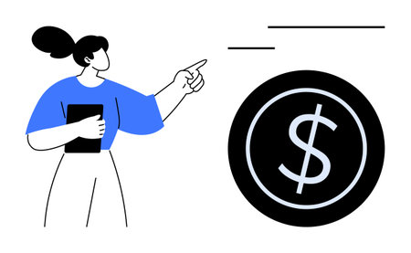 Female with tablet pointing toward dollar sign, representing economy, finance, budgeting, planning, investment, growth, success. Ideal for business personal finance tips or analysis conceptsのイラスト素材