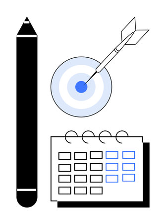 Pencil beside bullseye target with dart and page calendar, symbolizing planning, goal-setting, achievement, productivity, focus, time management, and organization. Ideal for simple flat metaphorのイラスト素材