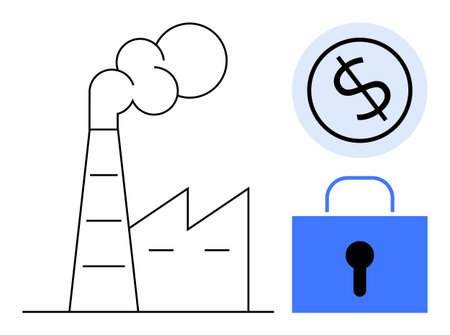 Factory with emissions, dollar coin symbol, blue padlock connecting industrial production, financial security. Ideal for business, economy, industry, environment, finance investment sustainabilityのイラスト素材