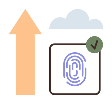 Fingerprint authentication icon with checkmark, orange arrow pointing to cloud. Ideal for security, technology, cloud storage, data protection, access control, digital identity privacy. Simple flatのイラスト素材