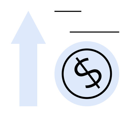 Upward arrow pointing alongside a dollar coin, emphasizing financial growth, progress, and economic success. Ideal for business, investment, marketing, profitability, revenue increase economicのイラスト素材