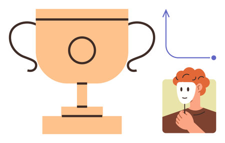 Large trophy cup, person holding mask symbolizing identity, and upward growth arrow chart. Ideal for achievement, self-discovery, personal growth, strategy, motivation, goals simple flat metaphorのイラスト素材