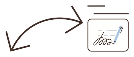 Hand-drawn arrows pointing toward a document with a signature and pen, emphasizing electronic agreements and paperless transactions. Ideal for workflow, e-signature, efficiency, approval, documentのイラスト素材