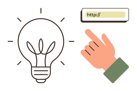 Light bulb symbolizing ideas beside a hand pointing to a URL bar. Ideal for innovation, technology, creativity, online navigation, brainstorming, digital solutions, web design. Simple flat metaphorのイラスト素材