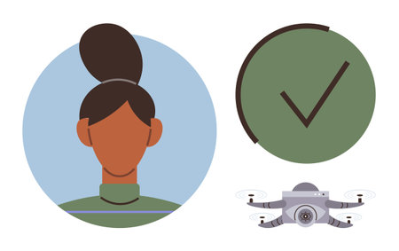 Avatar of a woman in a circular frame, green checkmark for approval, and a gray quadcopter with...