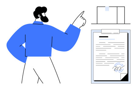 Businessman pointing at signed document on clipboard, representing agreement, approval, or finalized deal. Ideal for business, contracts, negotiation, agreements, partnerships law success conceptsのイラスト素材