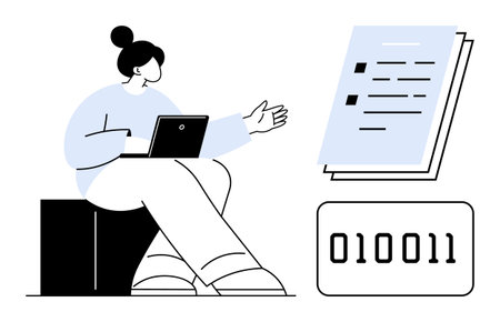 Female character using laptop, gesturing to report and binary code. Ideal for technology, coding, software development, data management, education, digital literacy and research. Simple flatのイラスト素材
