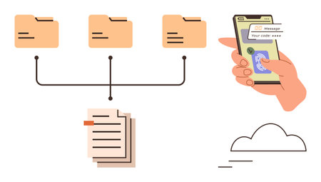 Digital file folders linked to a document stack, hand holding smartphone with verification code, and cloud icon. Ideal for data security, cloud computing, file sharing, remote access, documentationのイラスト素材