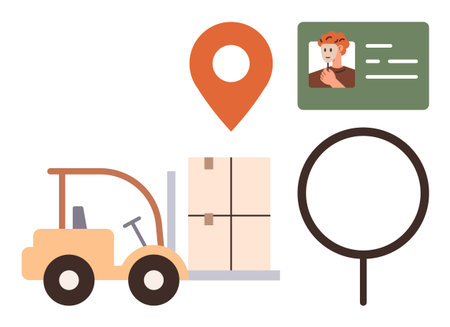 Forklift transporting cargo, red geolocation marker, ID card, magnifying glass. Ideal for logistics, delivery, supply chain, transportation security inventory investigation concepts. Simple flatのイラスト素材