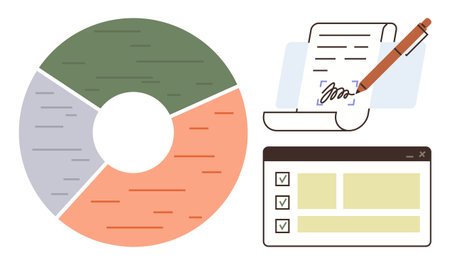 Pie chart with four colored segments, digitally signed document, and a web-style checklist panel. Ideal for business, analytics, planning, organization, task management, contracts minimal flatのイラスト素材