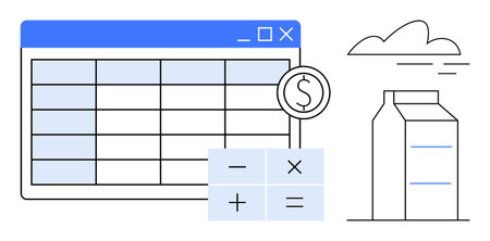 Spreadsheet window with highlighted cells, calculator with math icons, and a milk carton under clouds. Ideal for finance, commerce, budgeting, inventory, analysis retail and accounting. Simple flatのイラスト素材
