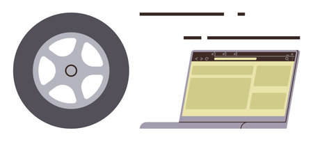 Computer laptop with open web browser and car wheel side by side. Ideal for innovation, technology, automotive, mobility, online services, internet commerce, futuristic design. Simple flat metaphorのイラスト素材