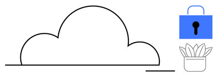 Cloud outline with a blue lock and a potted plant suggesting security, privacy, nature, and simplicity. Ideal for technology, data safety, environment harmony, organization, innovation creativityのイラスト素材