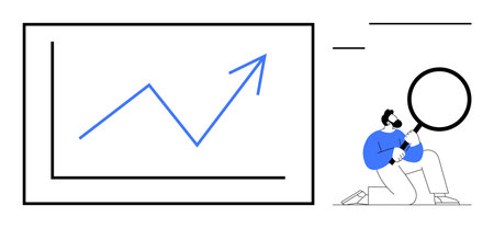 Line graph with upward trend analyzed by man holding magnifying glass. Ideal for progress, growth, analysis, business success, data review, problem-solving, research. Simple flat metaphorのイラスト素材