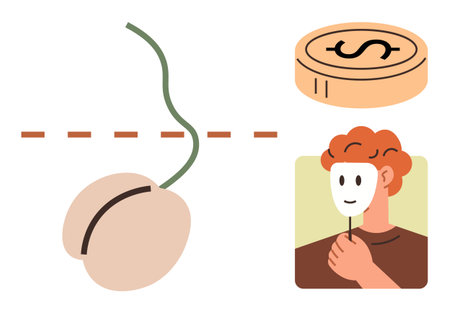 Seed with cut sprout, dollar coin, person holding mask. Ideal for themes of deception, finance, hidden motives, personal growth, identity investment psychological concepts. Simple flat metaphorのイラスト素材