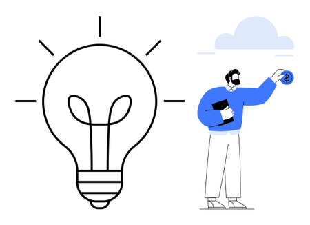 Light bulb symbolizes creativity and innovation. Man holding dollar sign represents financial solutions. Ideal for business, ideas, innovation, finance, creativity, strategy, and entrepreneurshipのイラスト素材