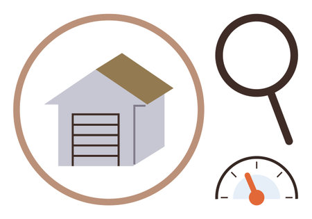 House with garage encircled, magnifying glass, and speedometer. Ideal for property analysis, real estate, home inspection, performance metrics, data evaluation, market trends simple flat metaphorのイラスト素材