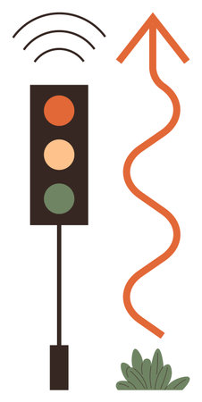Traffic light with three visible signals, wireless waves, curve-shaped arrow, and small plant. Ideal for traffic, direction, navigation, road safety, control systems smart technology and mobilityのイラスト素材