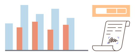 Bar chart analysis with blue and orange columns, progress bar, and signed document. Ideal for data analytics, contracts, business performance, digital agreements, e-signature, finance simple flatのイラスト素材