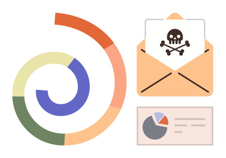 Spiral chart, phishing email with skull and crossbones, data chart highlighting cyber threats. Ideal for cybersecurity, hacking awareness, data breaches, online safety, IT security, phishing scamsのイラスト素材