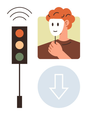 Individual holding a mask, traffic light with signals, and download icon signifying identity, choices, and decision-making. Ideal for psychology, communication, honesty, dilemmas ethicsのイラスト素材