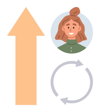Upward orange arrow, smiling woman in circle frame, and cycle icon illustrating growth, progress, self-improvement, aspirations, personal development, confidence success. Ideal for simple flatのイラスト素材