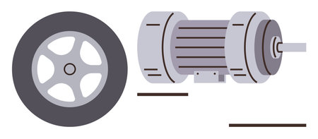 Industrial electric motor paired with a vehicle wheel, emphasizing mechanics and drive systems. Ideal for automation, engineering, transportation, innovation, energy efficiency, mechanical processesのイラスト素材