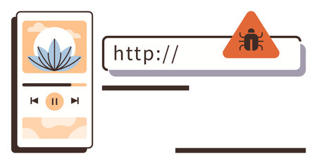 Media player app interface with audio controls and plant graphic, next to an orange alert triangle with bug icon on an address bar. Ideal for cybersecurity, online threats, malware, streaming safetyのイラスト素材