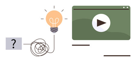 A tangled path from question mark to glowing lightbulb, ending at a play button on a screen. Ideal for problem-solving, creativity, innovation, learning, education, content creation, simple flatのイラスト素材