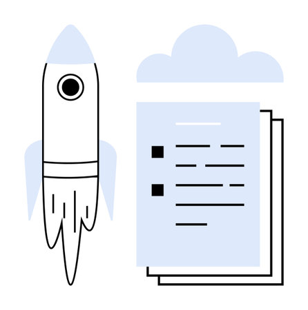 Rocket launching beside stacked documents and a cloud conveys innovation, entrepreneurship, digital transformation, and progress. Ideal for business, productivity, startups, cloud computingのイラスト素材