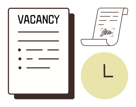 Vacancy announcement document, signed contract, clock icon. Ideal for recruitment, hiring, HR, employment, job search time management career concept. Simple flat metaphorのイラスト素材
