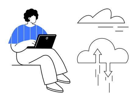 Person working on a laptop alongside data upload icon and floating clouds. Ideal for technology, cloud storage, remote work, digital innovation, computing, online services, and connectivity. Simpleのイラスト素材